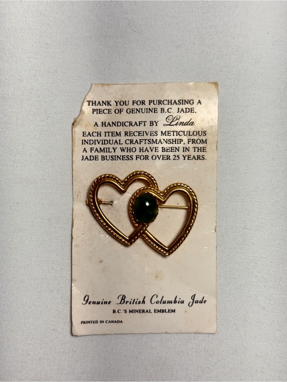 Vintage Jade Gold Double Heart Pin Brooch